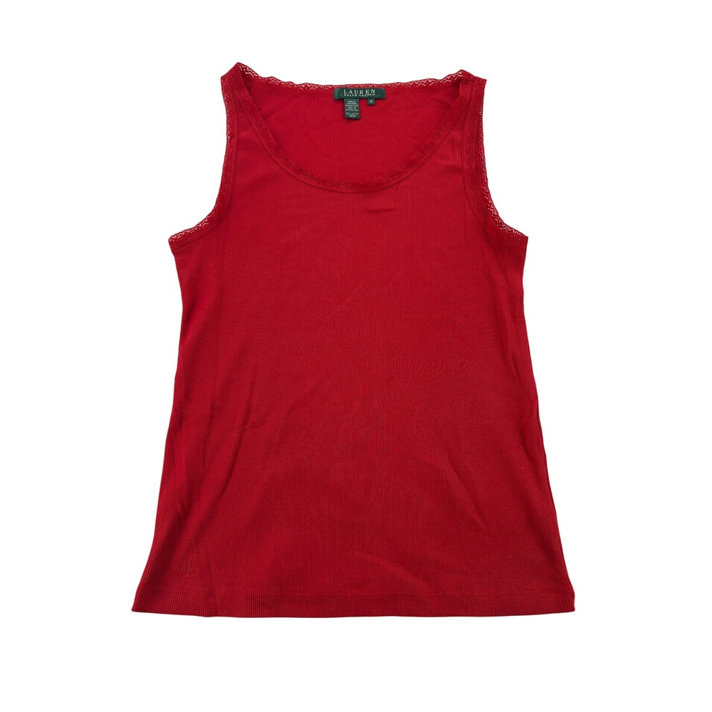 Lauren Ralph Lauren Tank Top M Red Ribbed Lace Trim Cotton Sleeveless Camisole